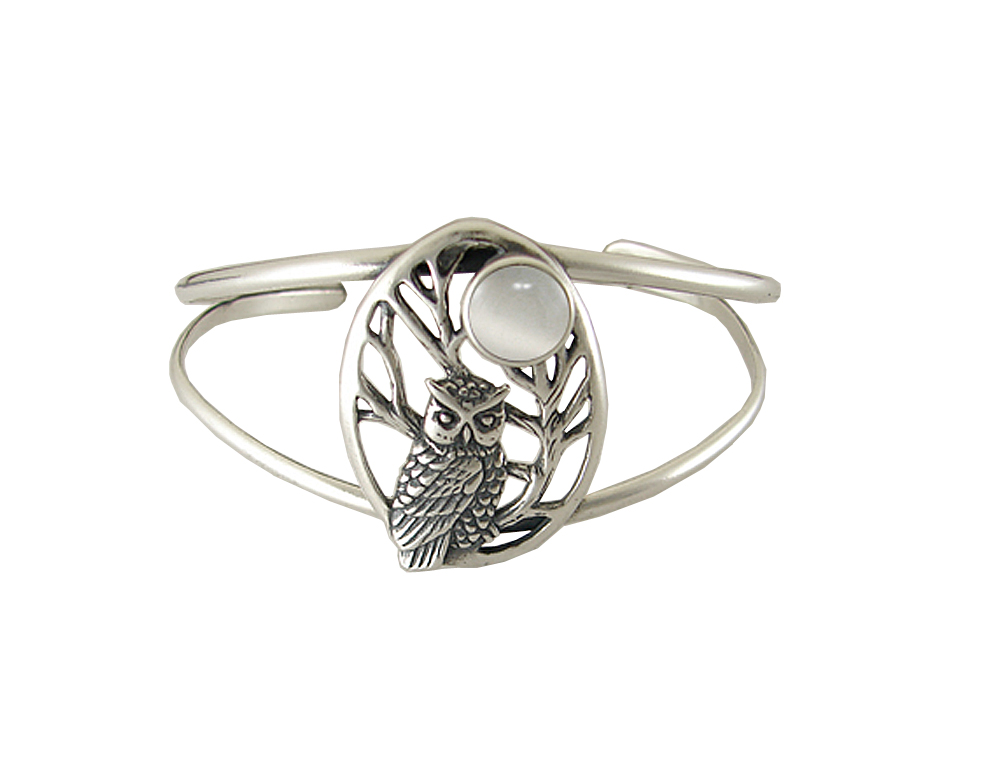 Sterling Silver Owl of the Dark Night Cuff Bracelet with Rainbow Moonstone